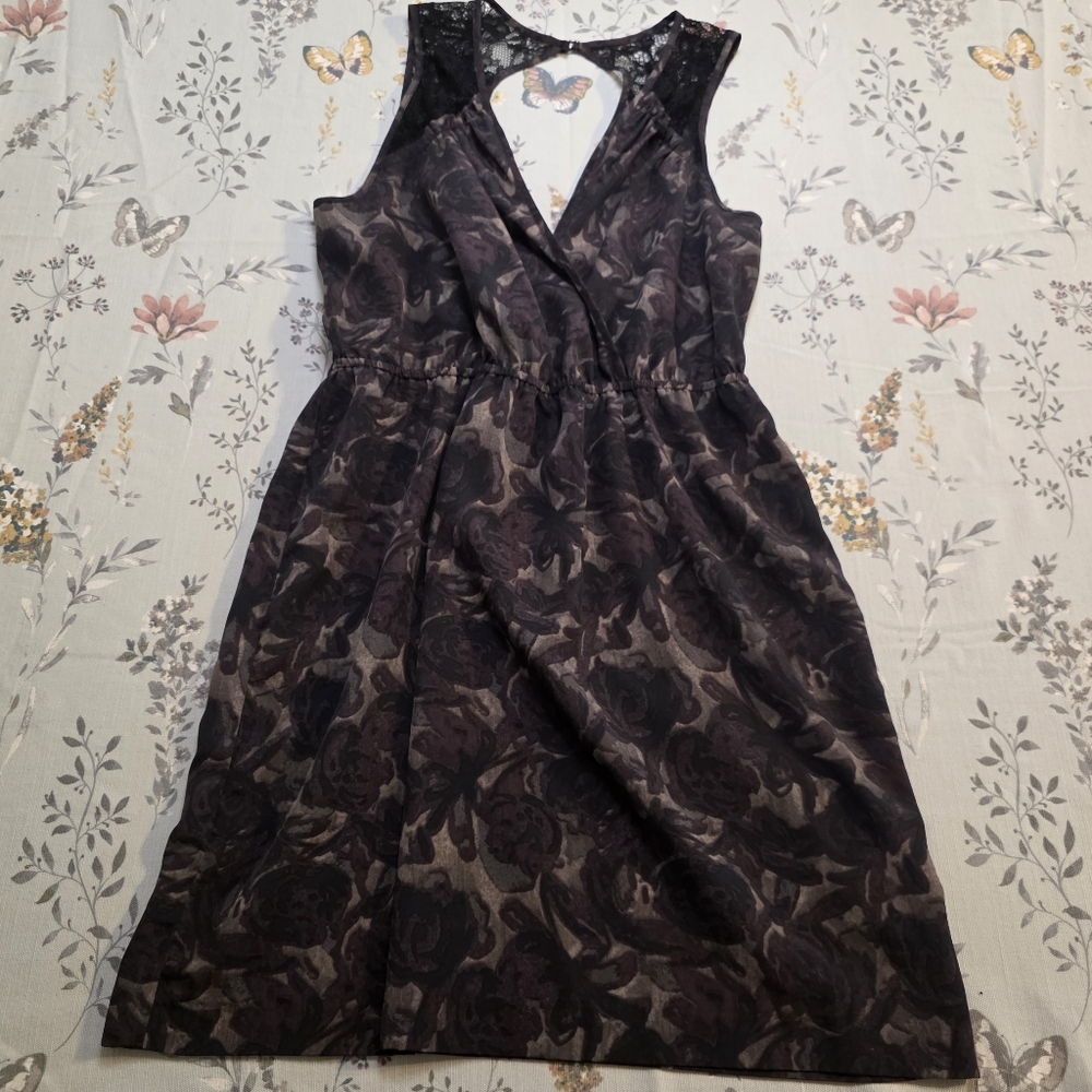 Tela Dark Floral Lace Back Dress L Boho Cottagecore Dark Academia Midi